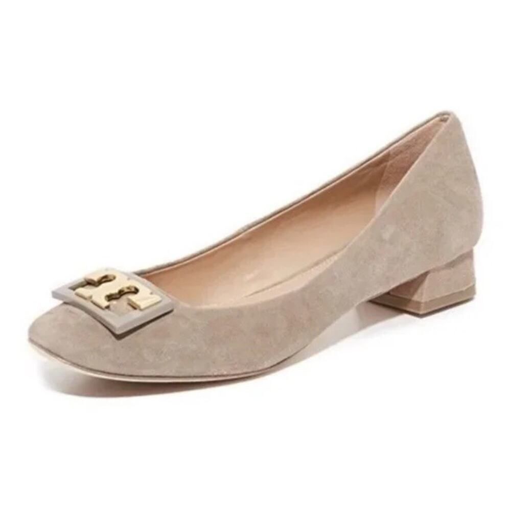 Tory Burch Gigi Suede Logo Block Heel Pumps Beige 6.5 Classic Minimalistic